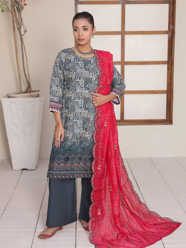 Rose & Vogue By MTF Digital Printed Doria Embroidered Laserkari Cotton Collection | Unstitched Suit D01