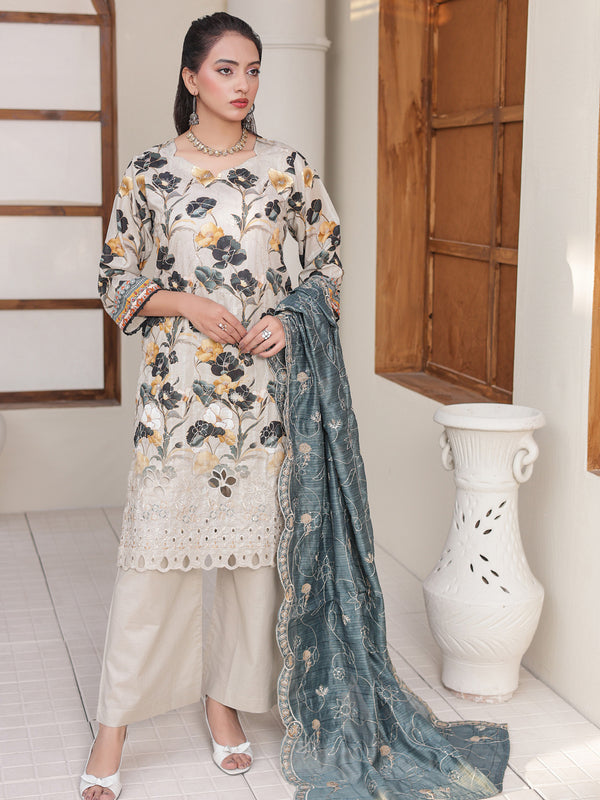 Rose & Vogue By MTF Digital Printed Doria Embroidered Laserkari Cotton Collection | Unstitched Suit D05