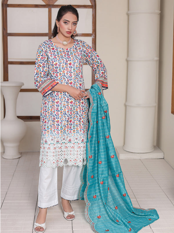 Rose & Vogue By MTF Digital Printed Doria Embroidered Laserkari Cotton Collection | Unstitched Suit D07